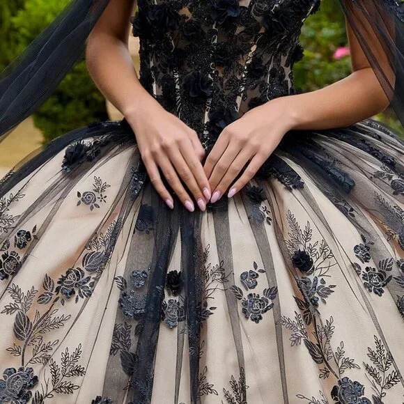 New Black-Champagne Quinceanera Gown w/ Floral Applique Lace Up Corset GL3500 - Picture 7 of 12